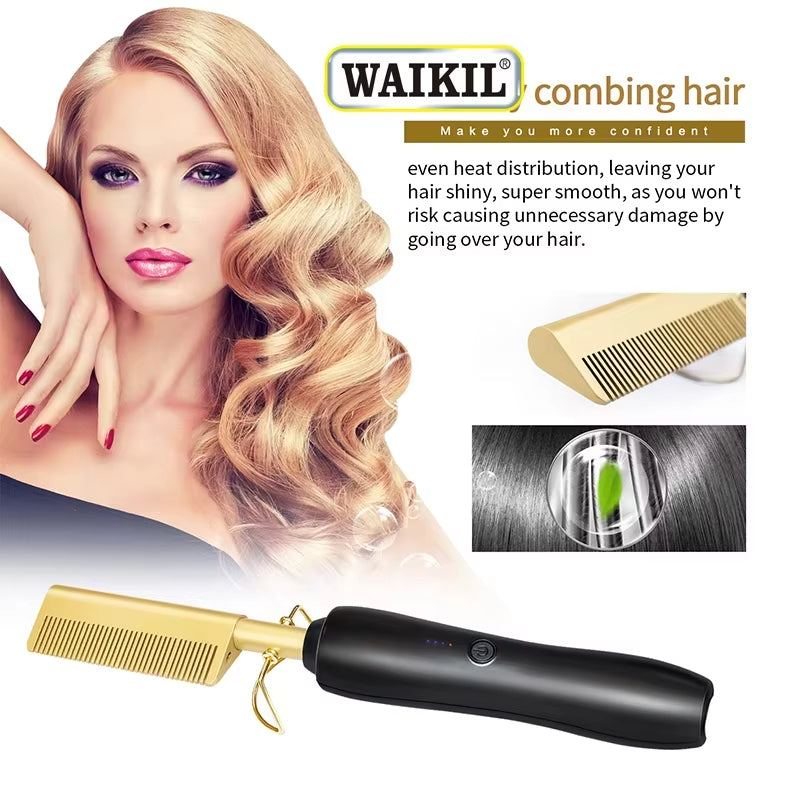 Peigne Chauffant Électrique 2-en-1 en Cuivre Haute Performance – Lisseur & Boucleur Professionnel pour Tous Types de Cheveux