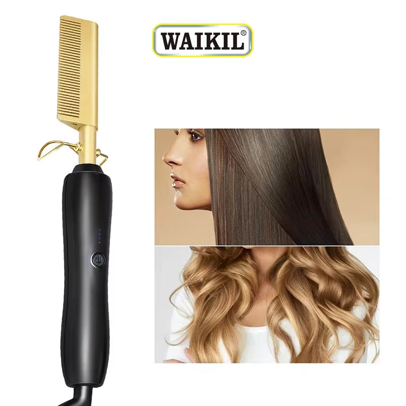 Peigne Chauffant Électrique 2-en-1 en Cuivre Haute Performance – Lisseur & Boucleur Professionnel pour Tous Types de Cheveux